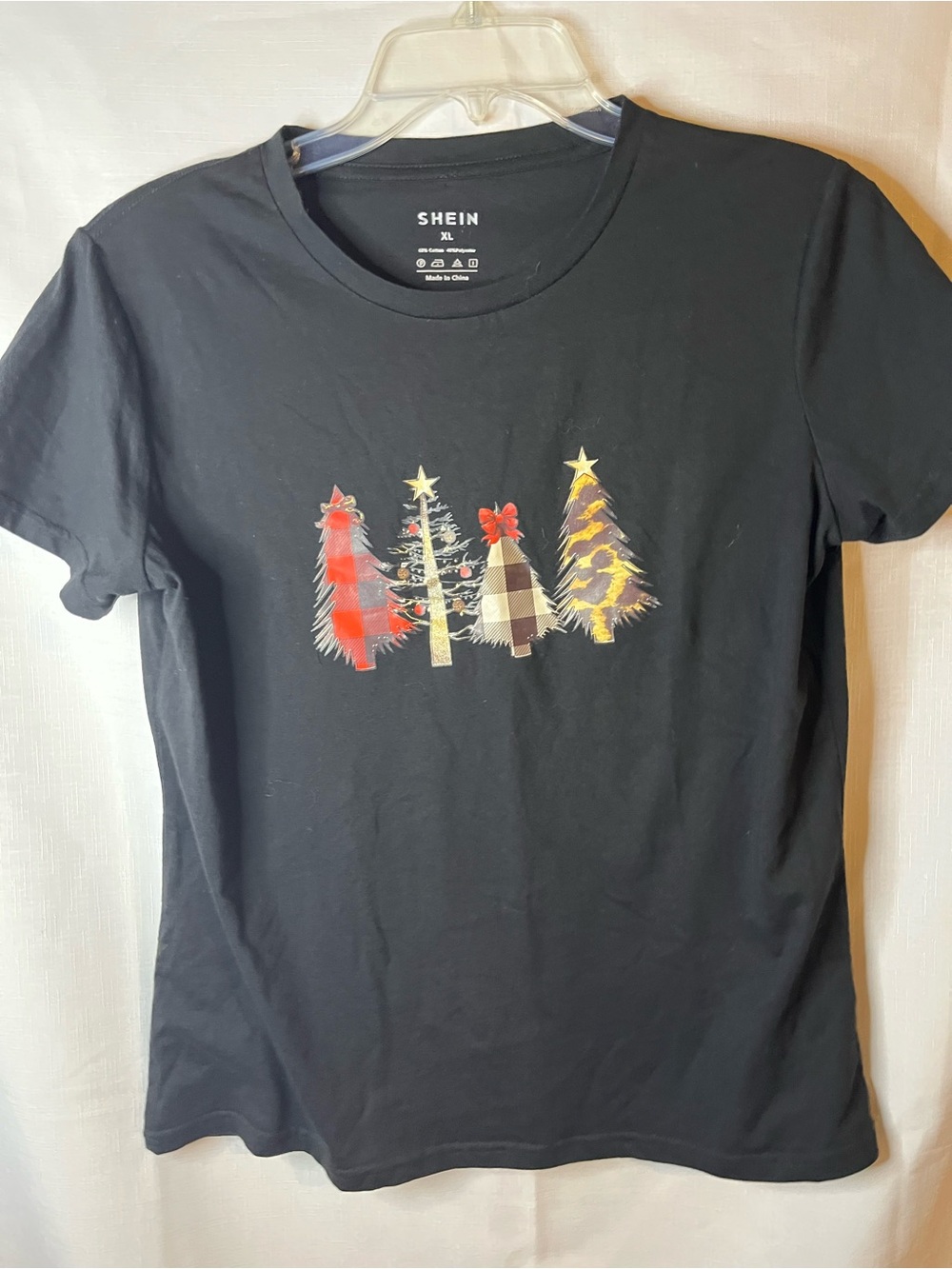 SHEIN Black Short-Sleeve Tee with Festive Tree Graphics